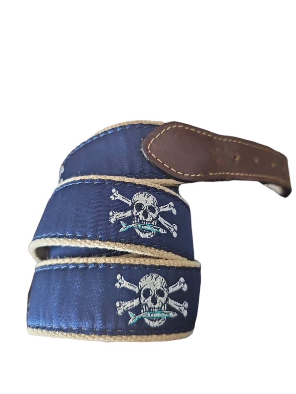 Ocean Rider Skull Canvas Leather Belt Sz 36 USA Brass Nautical Coastal Pirate